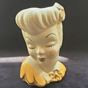 Vintage Lady Head Vase with Yellow Accents